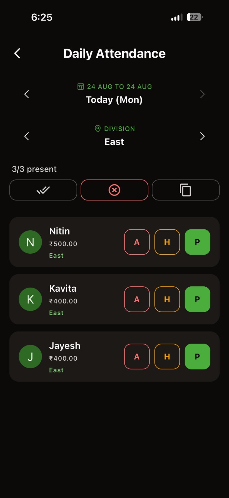 Payroll and attendance screen