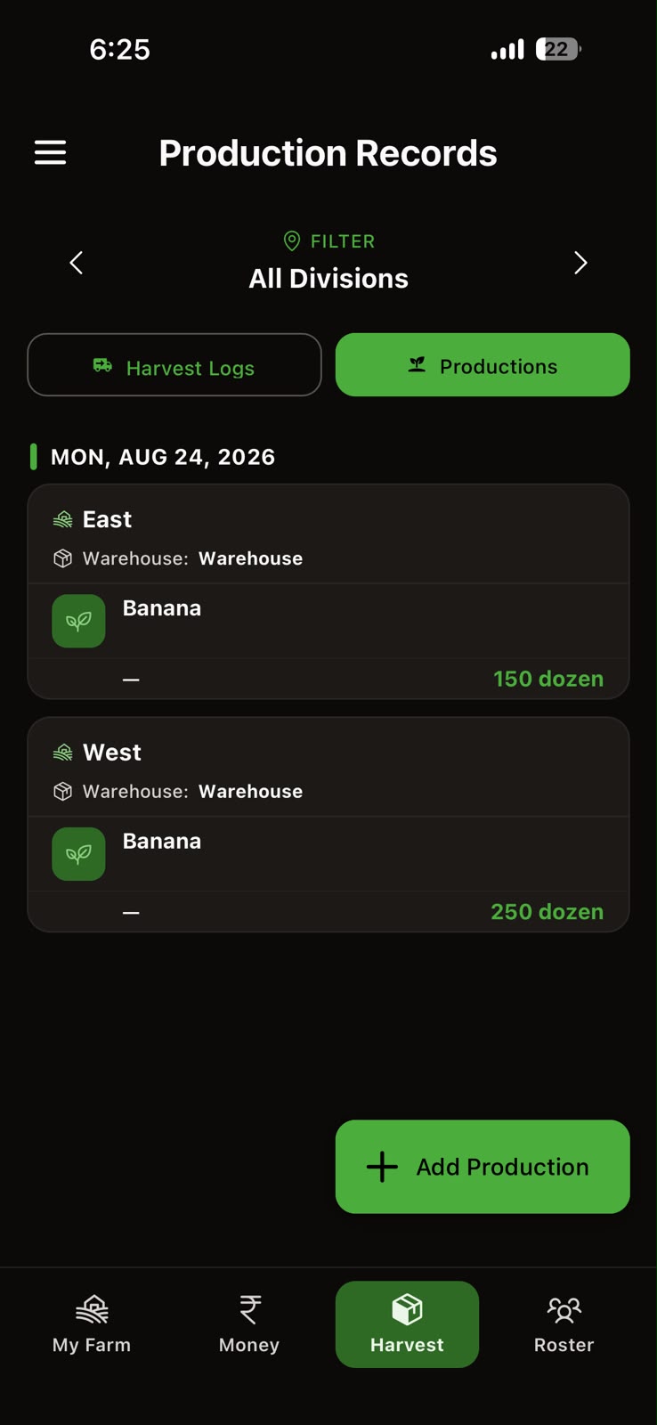 Production tracking screen